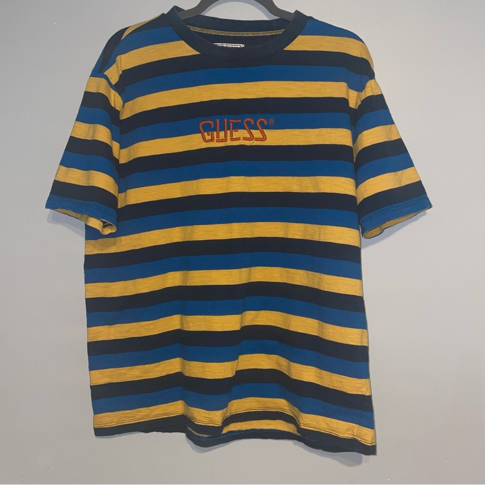 GUESS Originals Blue Yellow Striped T-Shirt Short Sleeve size small